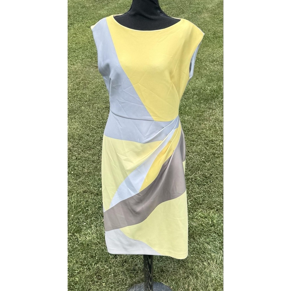 Donna Karan New York NWT Size 8 Yellow Abstract Print Sheath Midi Dress - Picture 5 of 14